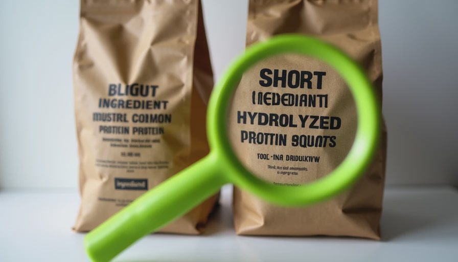 Side-by-side dog-food panels comparing a standard ingredient list with a hydrolyzed-protein claim under a magnifying glass.