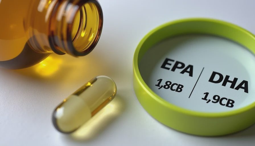 Fish-oil bottle and capsule beside a magnifying glass highlighting EPA and DHA dosage values.