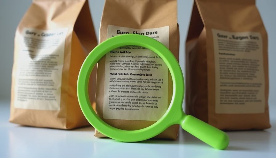 Three flipped dog-food bags with a magnifying glass highlighting the AAFCO statement and ingredient panel.