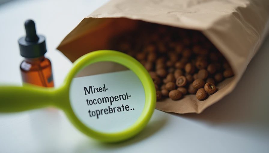 Magnifying glass highlighting “mixed tocopherols” on a dog-food ingredient list next to a small amber bottle.