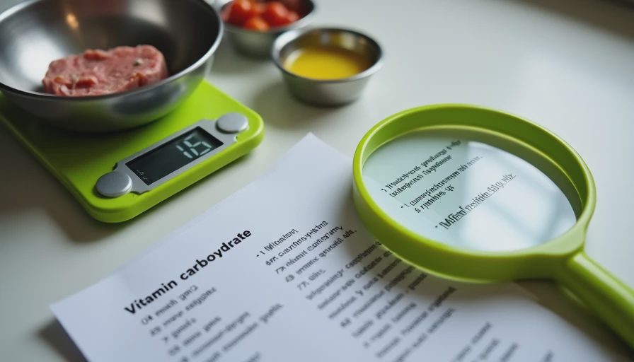 Kitchen scale and measured ingredients beside a recipe page with magnifying glass highlighting the vitamin-premix requirement.