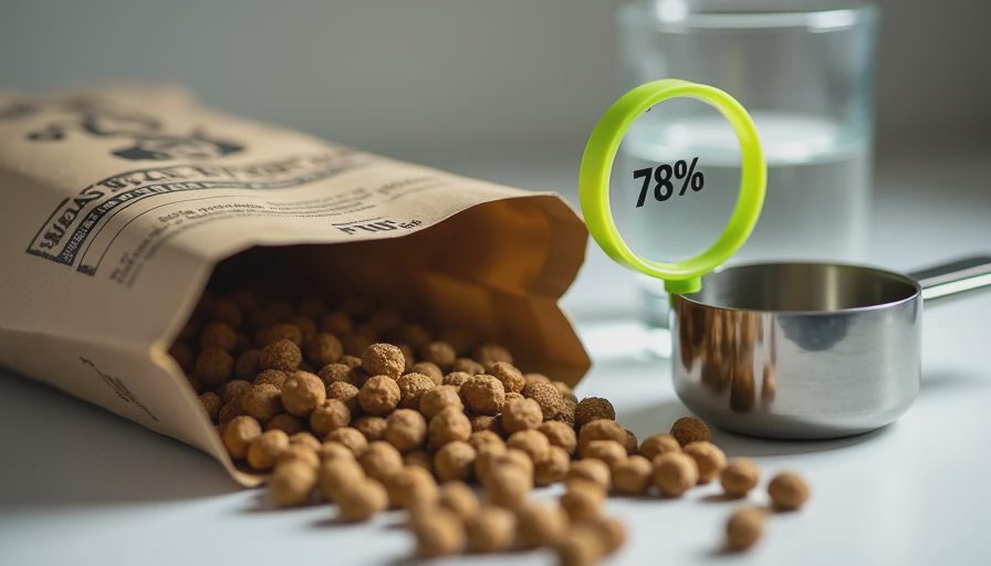 Magnifying glass highlighting the phosphorus value on a dog-food guaranteed analysis panel next to a water glass.