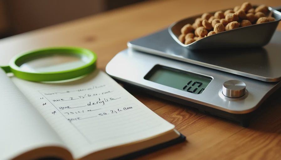 Kitchen scale with measured kibble beside a handwritten weight log under a lime-green magnifying glass.