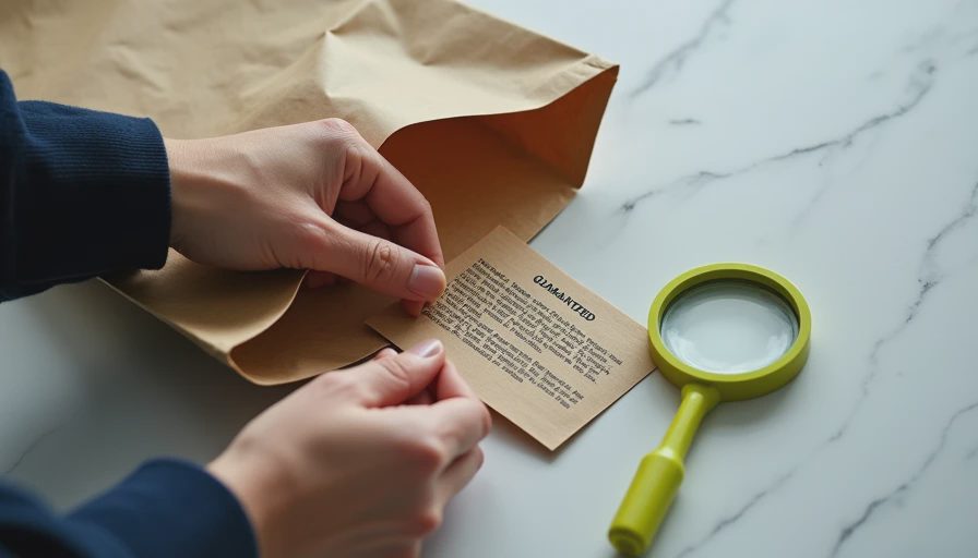 Hands holding open a dog-food bag to reveal the ingredient panel next to a lime-green magnifying glass.