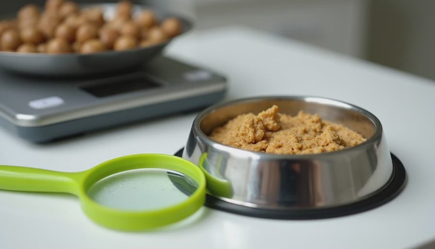 Cat bowl with prescription food and a tiny measured topper beside a scale and magnifying glass.