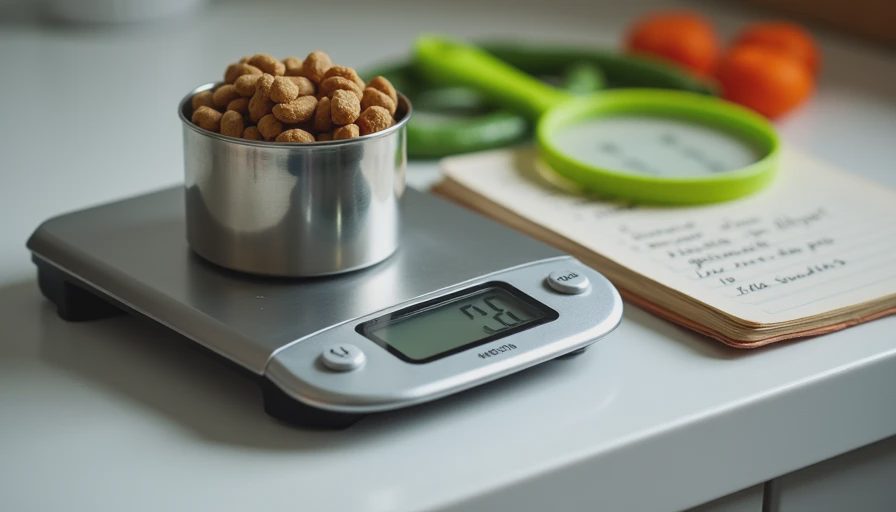 Kitchen scale with measured kibble beside a calorie log and vegetable treats under a magnifying glass.