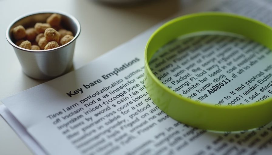 Magnifying glass enlarging the regulatory definition of human-grade pet food next to a small cup of kibble.