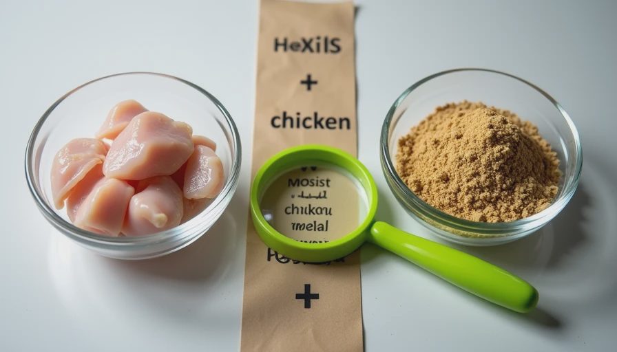 Side-by-side bowls of fresh chicken and chicken meal linked by a magnifying glass on a printed ingredient strip.