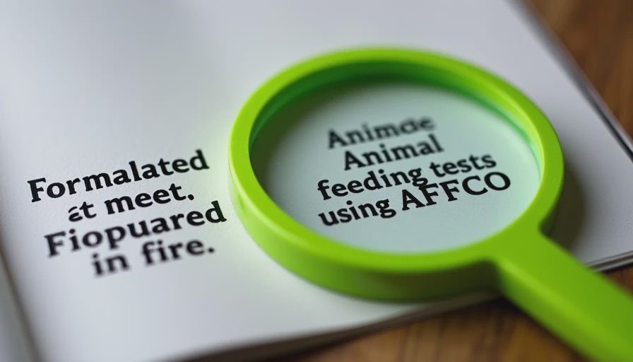 Side-by-side AAFCO statements comparing formulation versus feeding-trial language under a magnifying glass.