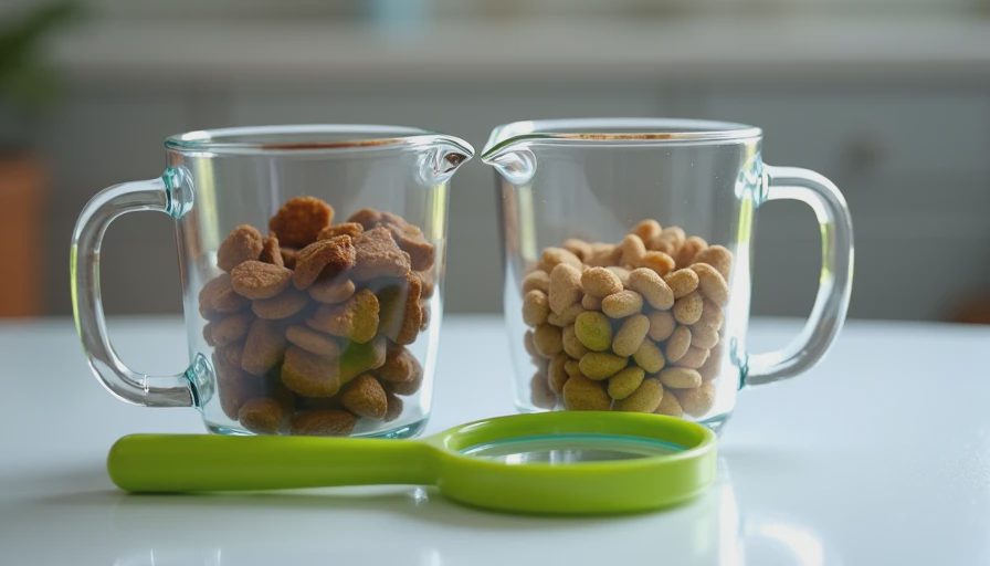Two measuring cups comparing equal-calorie portions of wet food and dry kibble under a magnifying glass.