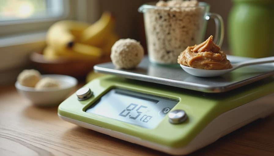 Kitchen scale measuring peanut butter and oat flour for dog treats beside finished treats and a magnifying glass.