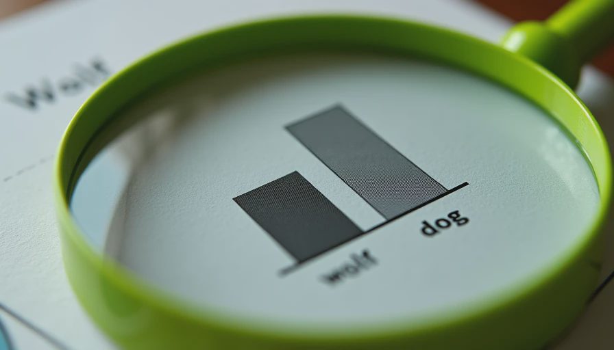 Magnifying glass enlarging a printed comparison of amylase gene copy numbers in wolves versus dogs.