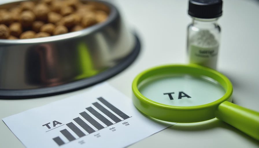 Dog bowl of kibble beside a taurine sample vial and magnifying glass on a printed taurine-level graph.