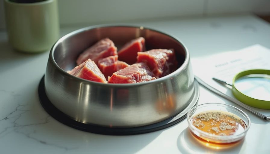 Stainless bowl of raw pet food next to a petri dish and magnifying glass on a printed pathogen table.