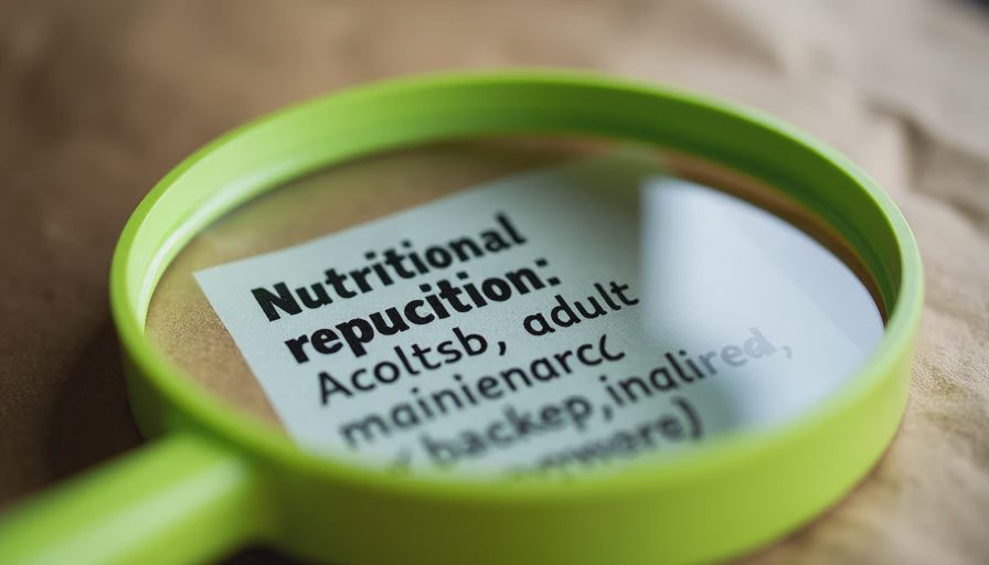 Magnifying glass enlarging the AAFCO nutritional adequacy statement distinguishing growth and adult maintenance profiles.